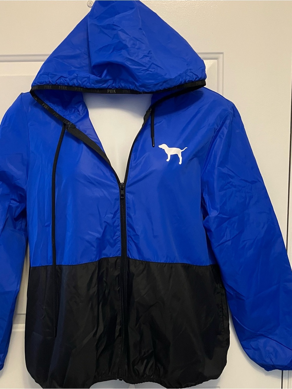 PINK Victoria's Secret Sz M/L Blue Black Logo Hoodie Rain Windbreaker Jacket